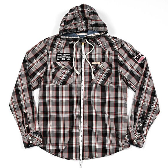 Rolling Paper Co Medium Plaid Hooded Work Shirt Long‎ Sleeve Patches Pockets EUC - Picture 3 of 11